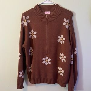 Pink Lily brown floral half zip sweater